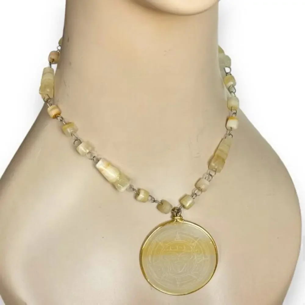 Vintage Carved Aztec Sundial Pendant Mexican Sun White Agate Etched Necklace